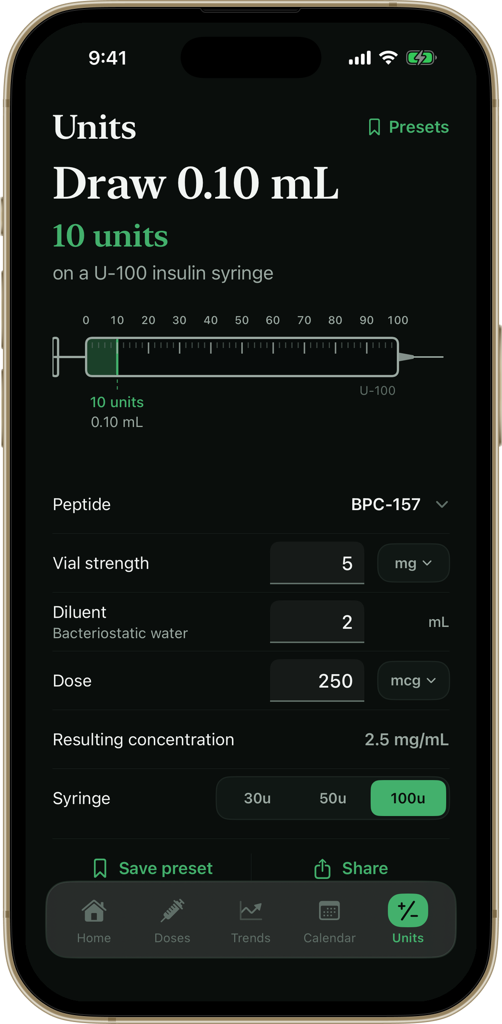 PinPoint calculator screen showing the exact draw for a reconstituted vial
