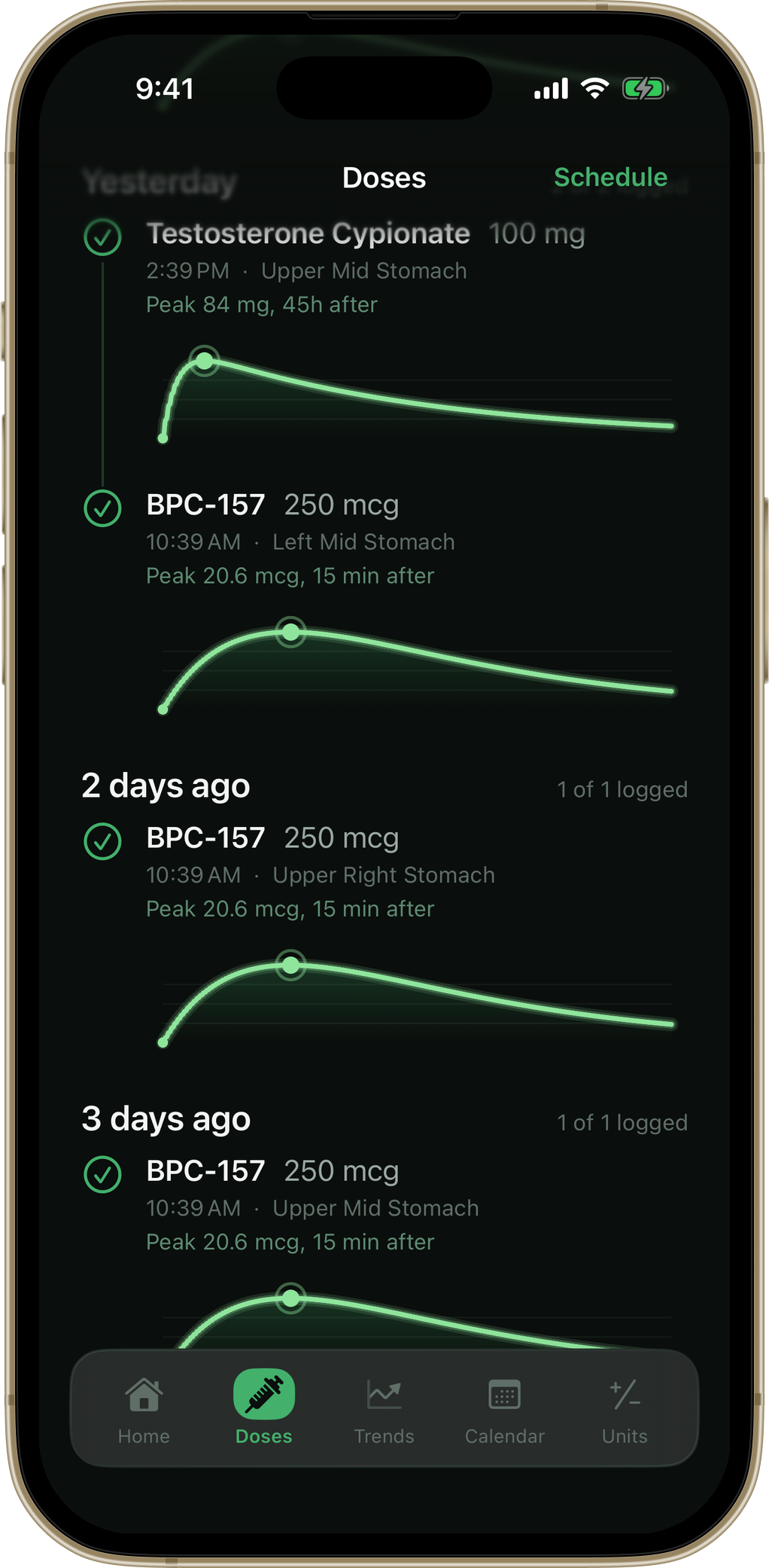 PinPoint dose timeline showing logged injections with sites and times