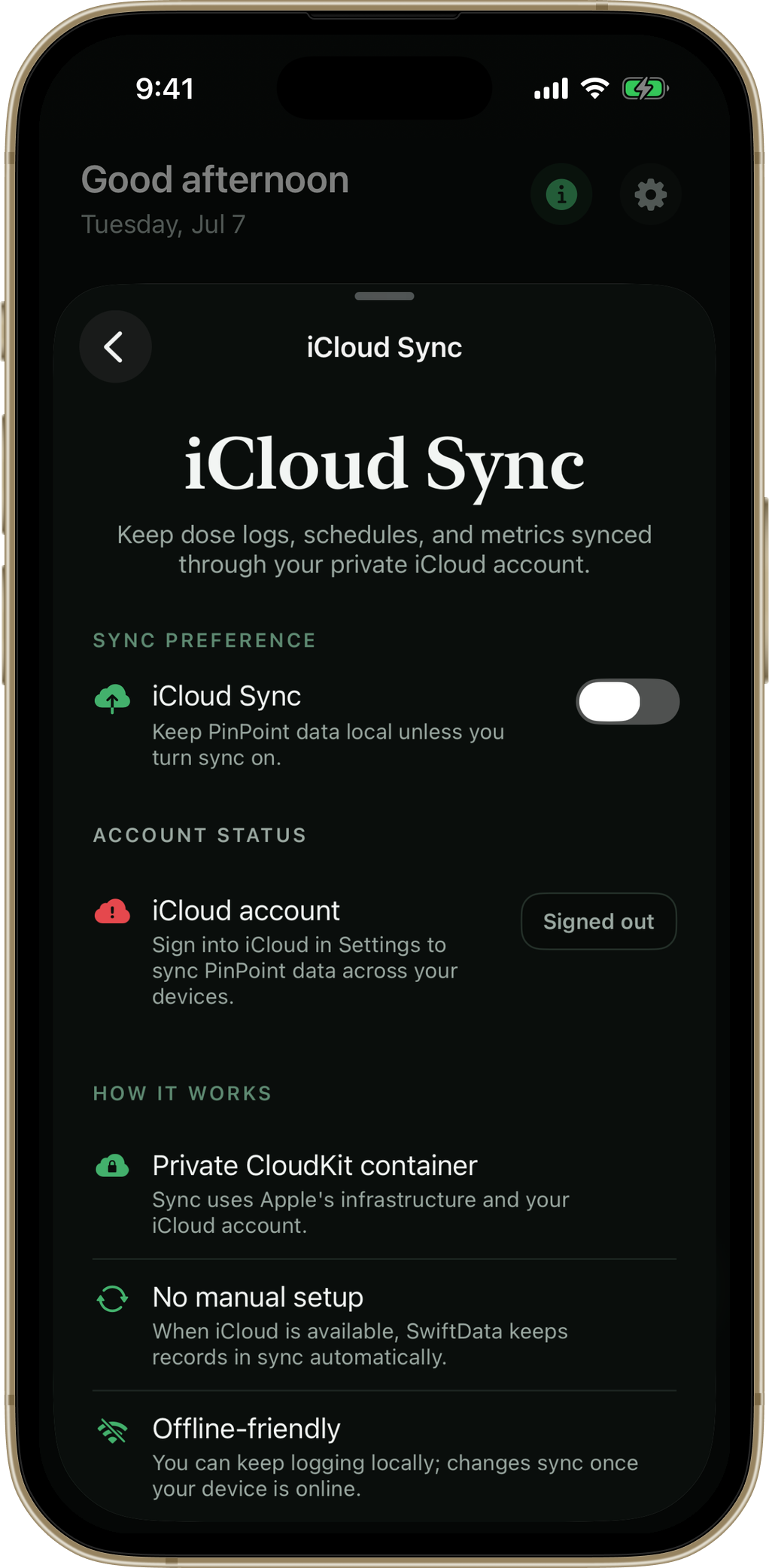 PinPoint iCloud sync screen explaining private, on-device data handling